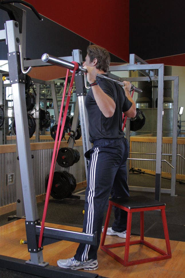 Démonstration de l’exercice : Squat sur box avec élastiques, en vitesse
